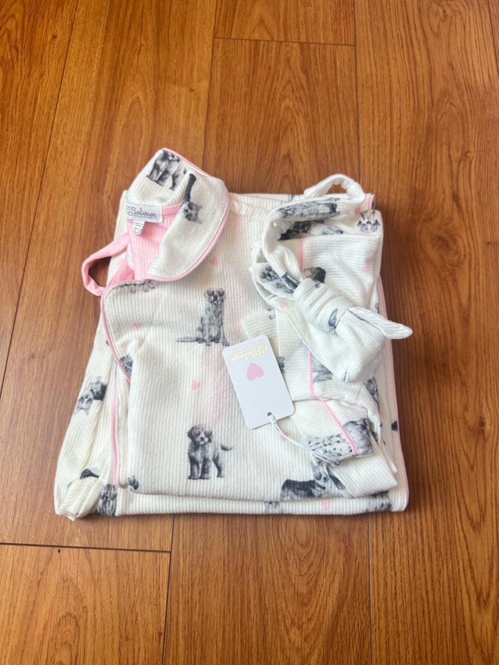 PJ Salvage Cream Puppy Print Waffle Knit Pajama Set with Pink Trim